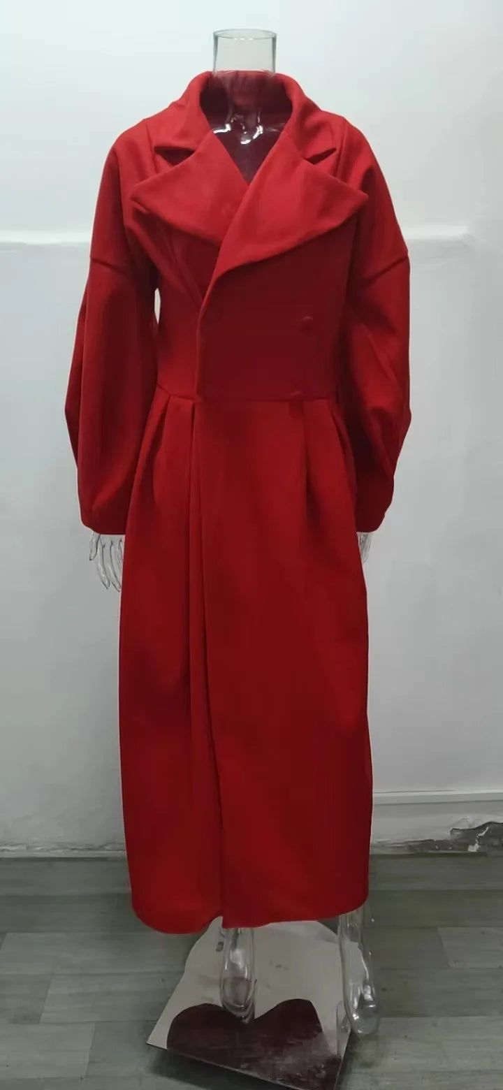European American Retro Court Style Wool Coat, Long Length with Big Lapel & Lantern Sleeves, New Autumn Winter Outerwear
