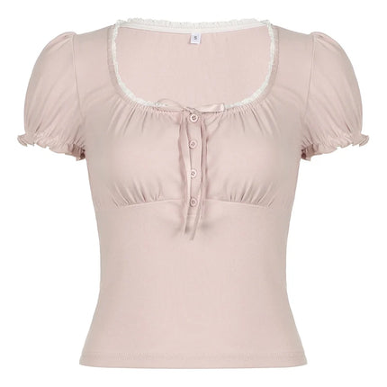Sweet Button Up Women's Summer Top Cute Slim Fit Contrast Lace Stitching Bow Square Collar T-Shirt Y2K Korean Tees