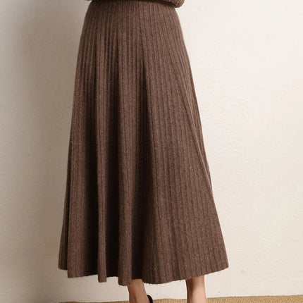 Women A-Line Pleated Skirt Cashmere High Waist Autumn Winter Large Umbrella Skirt 100% Cashmere Knitted Office Lady Casual Dress PlatiNum
