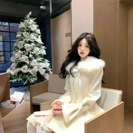 Christmas Lolita Kawaii Long Sleeve Long Blend Women Casual Pure Color Coat Sweet Anime Button Patchwork Bows 2025 Autumn