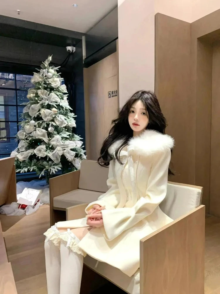 Christmas Lolita Kawaii Long Sleeve Long Blend Women Casual Pure Color Coat Sweet Anime Button Patchwork Bows 2025 Autumn