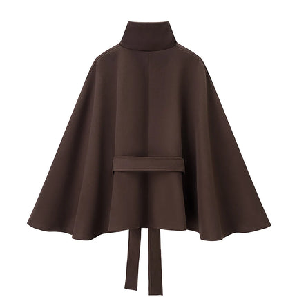5 Colors New Autumn High Collar Woolen Cape Coat Tie Bow Sashes Long Bat Sleeve Front Buttons Cloak Shawl Jacket Loose Outerwear