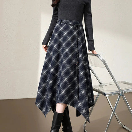 Women Faux Woolen Plaid Long Skirts Korean Vintage Belt Loose High Waist A Line Skirt Casual Fall Winter Irregular Retro Skirts PlatiNum