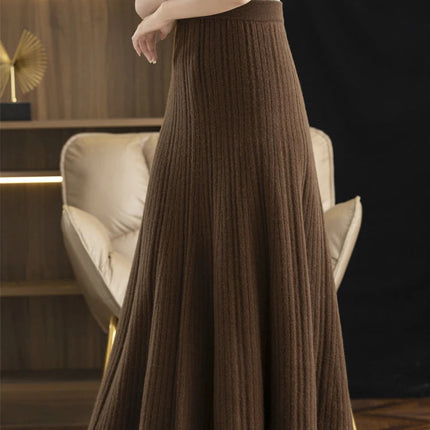 Elegant Women's Pleated Skirt 100% Merino Wool Skirt A-Line Long Skirt Soft Warm Autumn Winter Dress Slim Elastic Waist Office PlatiNum