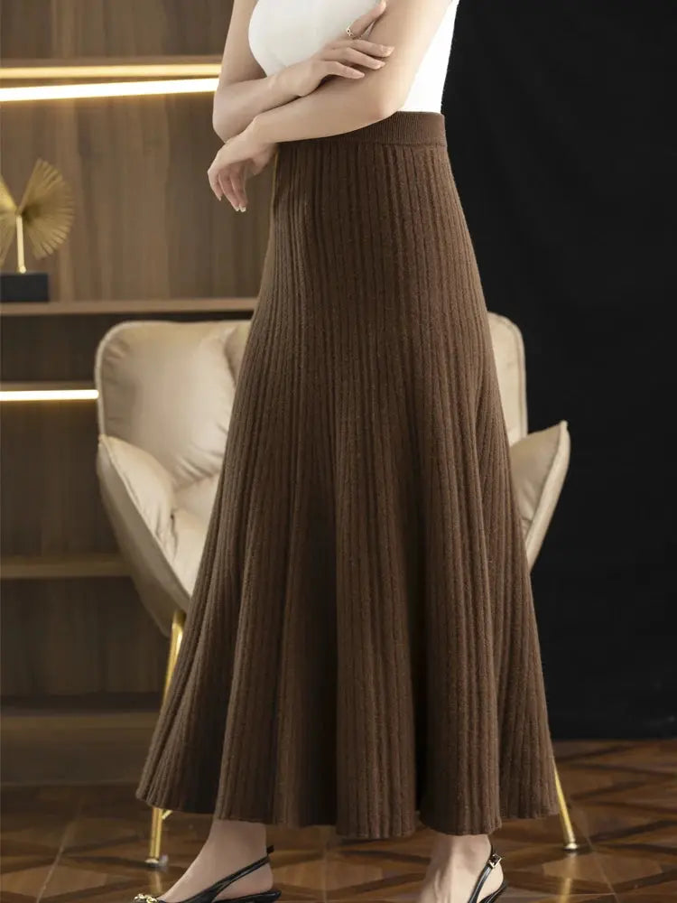 Elegant Women's Pleated Skirt 100% Merino Wool Skirt A-Line Long Skirt Soft Warm Autumn Winter Dress Slim Elastic Waist Office PlatiNum