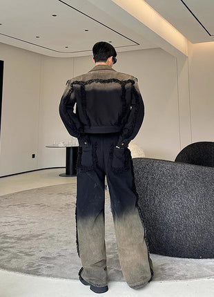 2025 New Men Denim Jacket and Jeans Set Two Piece Gradient Color Frayed Design Loose Fit High End Street Fashion Youth Trendy PlatiNum
