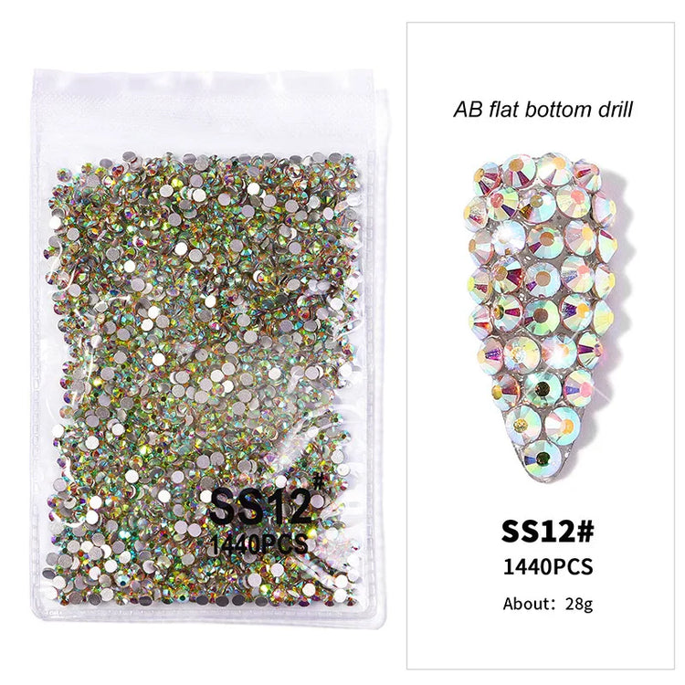 1440pcs Nail Clear/AB Glass Strass FlatBack Crystal Rhinestone (SS3-SS20)3D Nail Gem Stones Non-HotFix Nail Rhinestone 1.3-4.8mm