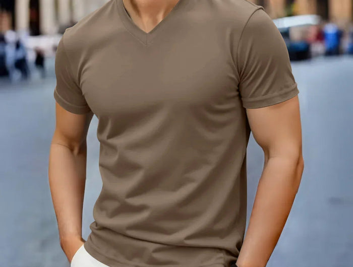 2025 New Men's Casual Fashion Simple V-neck Short Sleeved T-shirt Summer Comfortable Breathable Versatile Top PlatiNum