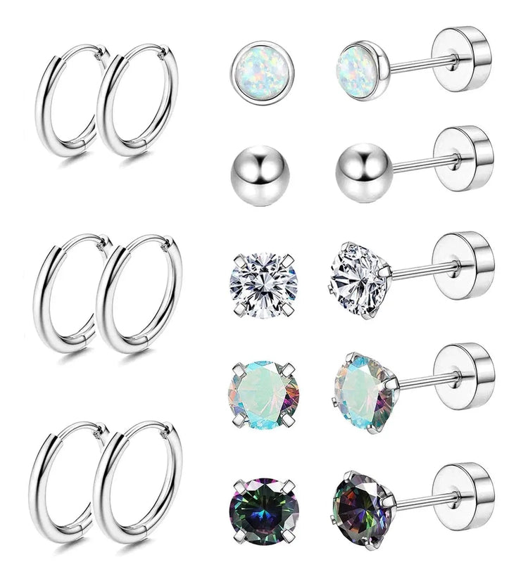 Set di 6 Paia di Orecchini per Piercing Multipli, Piccoli Orecchini a Cerchio, Orecchini a Perno con Zirconi, Opale e Perla per Donne platinumshop