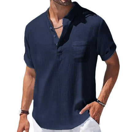Men's Cotton and Linen Shirts New Summer Short Sleeve T-Shirts Henry Collar Casual Men's T-Shirt Men's Shirt Men's Clothing