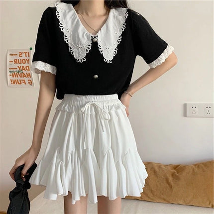 Abito da ballo estivo Minigonne bianche Donna 2024 Casual Vita alta Ruffles Faldas Fiocco coreano Harajuku Y2k Micro Gonna da tennis Nero
