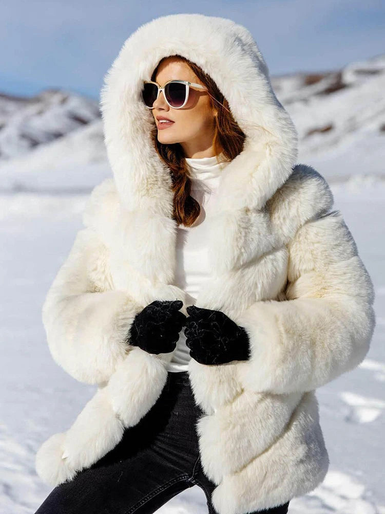 ZADORIN Fashion Hooded Splicing Fluffy Jacket Women Winter Long Sleeve White Faux Fur Coat Woman Clothing New in Coats & Jackets