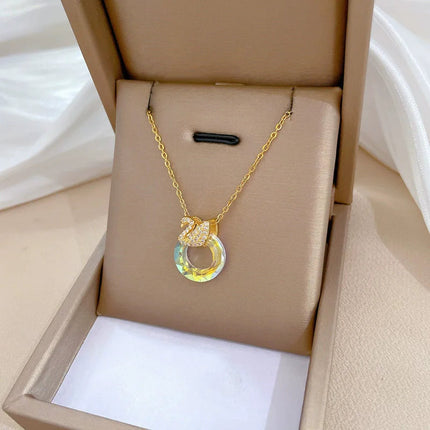 EILIECK 316L Stainless Steel Shine Cubic Zirconia Swan Pendant Necklace Gold Color Texture Metal Personalized Jewelry Neck Chain PlatiNum