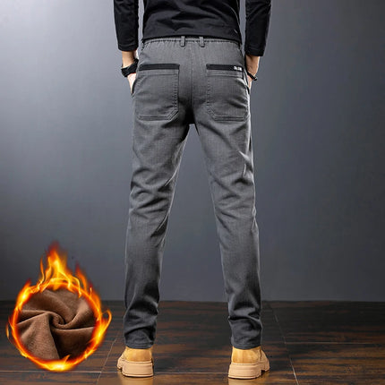 Winter New Men's Warm Slim Casual Pants Fleece Elasticity Embroidery Mid-waist Trousers Thicken Velvet Brand Straight Man Pants