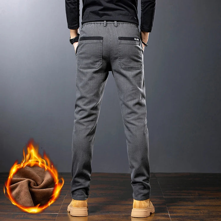 Winter New Men's Warm Slim Casual Pants Fleece Elasticity Embroidery Mid-waist Trousers Thicken Velvet Brand Straight Man Pants