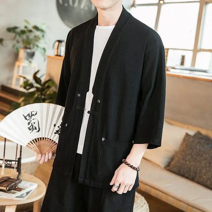 Kimono Camicia da uomo Samurai giapponese Cardigan tinta unita retrò Stile cinese Cotone Lino Yukata Haori Cappotto da uomo allentato Streetwear
