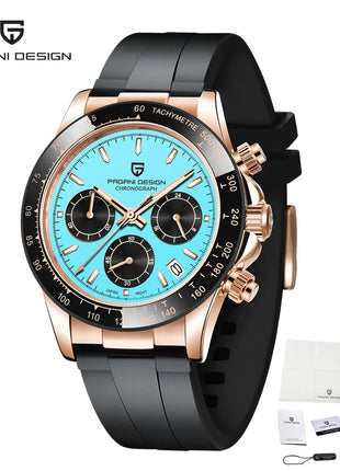 PAGANI DESIGN Cronografo da uomo Orologio da polso al quarzo di lusso in oro rosa 40mm Quadrante blu ghiaccio Vetro zaffiro 100M Impermeabile Cinturino in caucciù Orologio sportivo da uomo per uomo Reloj Hombre+GIFT BOX