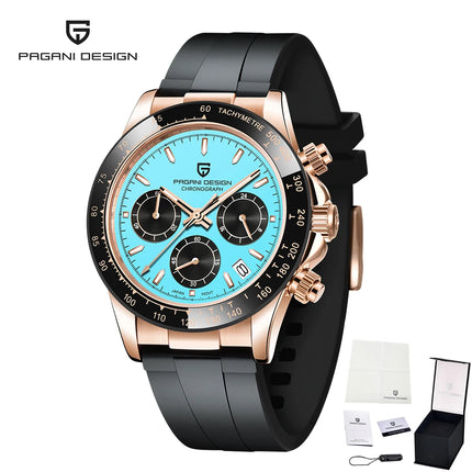 Nuovo Orologio da Uomo PAGANI DESIGN Cronografo di Lusso in Oro Rosa, Quadrante Blu Ghiaccio 40mm, Vetro Zaffiro, Impermeabile 100M, Cinturino in Gomma, Orologio Sportivo Maschile + CONFEZIONE REGALO