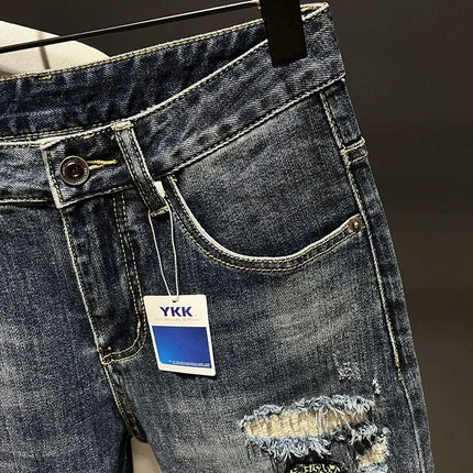 2023 Spring and Autumn New Men's Fashion Trend Ripped Patch Small Foot Pants Men's Casual Slim Comfortable High-Quality Jeans PlatiNum