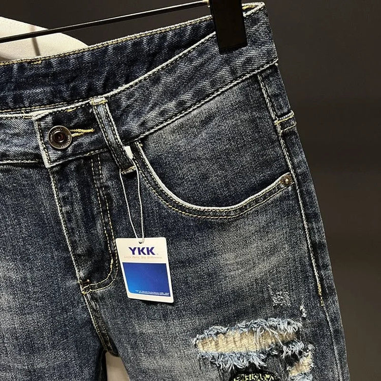 2023 Spring and Autumn New Men's Fashion Trend Ripped Patch Small Foot Pants Men's Casual Slim Comfortable High-Quality Jeans PlatiNum