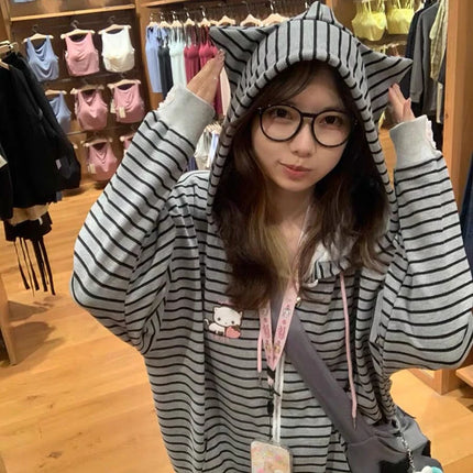 Cartoon Embroidery Women Hoodies Japanese Sweet Cute Cat Ears Striped Hooded Sweatshirts Harajuku Streetwear Loose Casual Coats