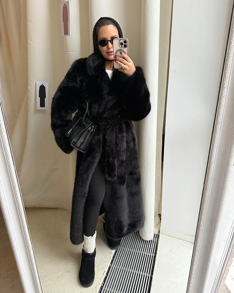ZADORIN 110cm Long Lapel Belted Brown Faux Fur Coat Woman Elegant Mink Fur Faux Coat Fluffy Fur Jackets for Woman Winter Clothes