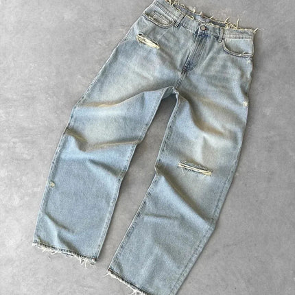 Straight Jeans Distressed Men Jean Ripped Holes Washed Denim Pants Ankle Length Loose Solid Zipper Fly Pockets Casual 2025 PlatiNum