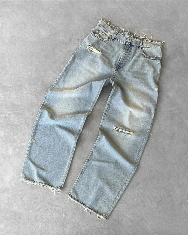 Straight Jeans Distressed Men Jean Ripped Holes Washed Denim Pants Ankle Length Loose Solid Zipper Fly Pockets Casual 2025 PlatiNum