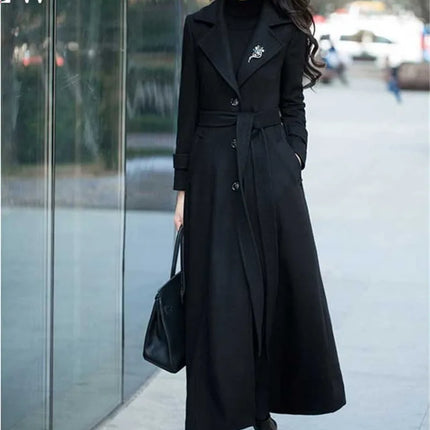 New Women's Spring Autumn Winter Woolen Coat Slim  Long Over The Knee Lining Woolen Windbreaker Outerwear Match Belt Female