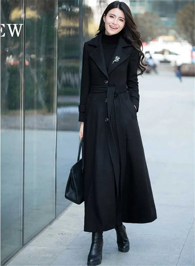 New Women's Spring Autumn Winter Woolen Coat Slim  Long Over The Knee Lining Woolen Windbreaker Outerwear Match Belt Female