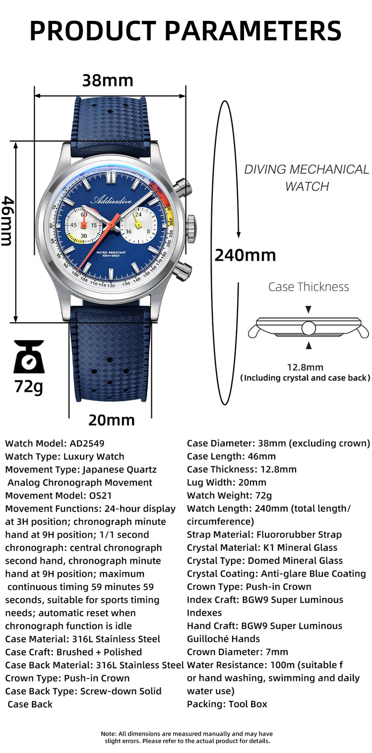 ADDIESDIVE Chronograph Quartz Watches For Men 100M Waterproof Multifunctional Wristwatch AD2549 Bubble Glass BGW9 Luminous Watch