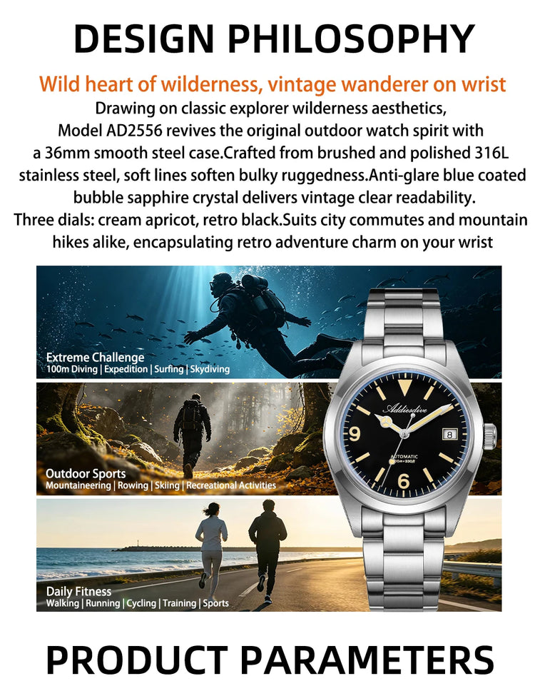 ADDIESDIVE AD2556 Men Luxury Automatic Watch ST2130 Movement 36mm Explorer Style Sapphire Bubble Crystal BGW9 Luminous 100M Wate