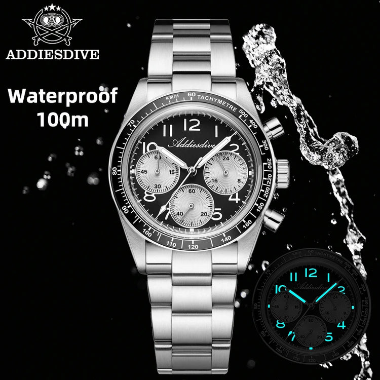 ADDIESDIVE New Chronograph 0S20 Quartz Wristwatch Luxury Men Watch Ceramic Bezel Domed Glass 100m Waterproof BGW9 Luminous