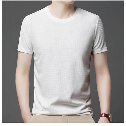 New Summer Waffle Round Neck Short Sleeved T-shirt for Men's Short Sleeved Top PlatiNum