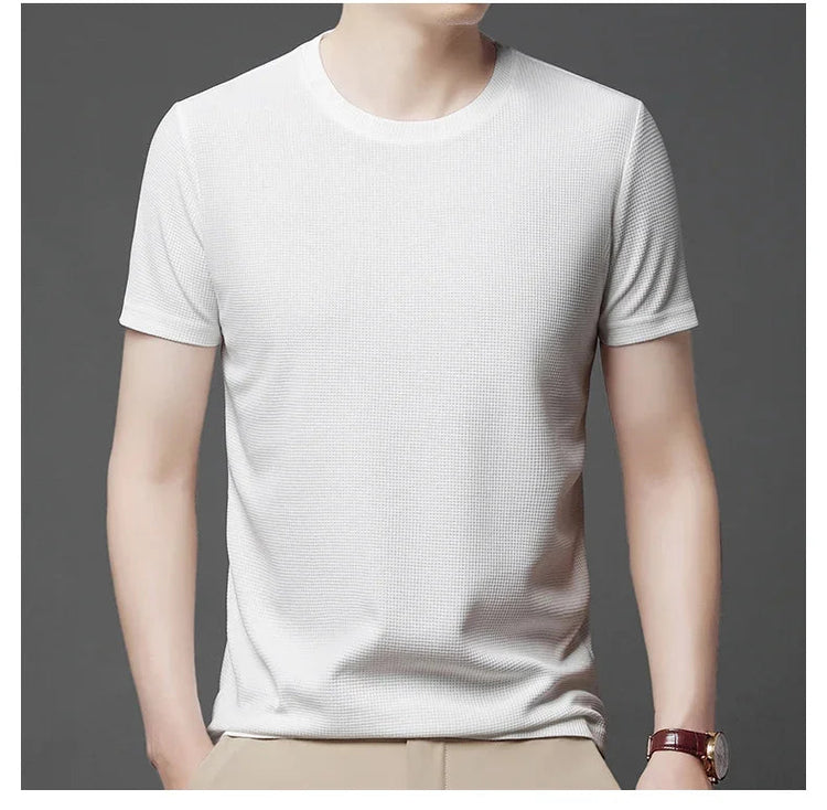 New Summer Waffle Round Neck Short Sleeved T-shirt for Men's Short Sleeved Top PlatiNum