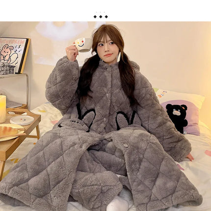 Women Winter Thickened Fleece Bathrobe Can Be Worn Outside Girls Student Hoodie Loose Pajama Two-piece Set Lady Warm Loungewear