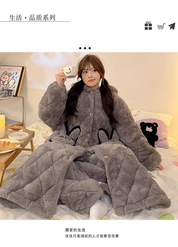 Women Winter Thickened Fleece Bathrobe Can Be Worn Outside Girls Student Hoodie Loose Pajama Two-piece Set Lady Warm Loungewear