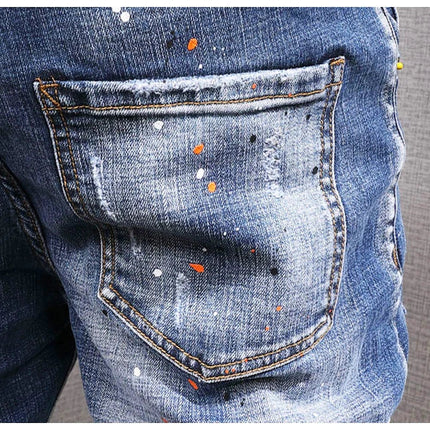 Fashion Streetwear Men Jeans Retro Black Blue Elastic Slim Fit Ripped Jeans Men Spliced Designer Embroidery Hip Hop Denim Pants PlatiNum