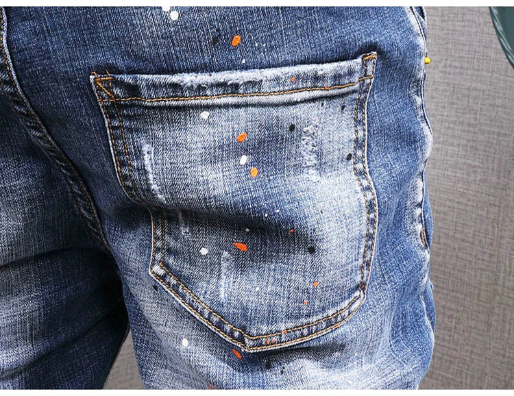 Fashion Streetwear Men Jeans Retro Black Blue Elastic Slim Fit Ripped Jeans Men Spliced Designer Embroidery Hip Hop Denim Pants PlatiNum
