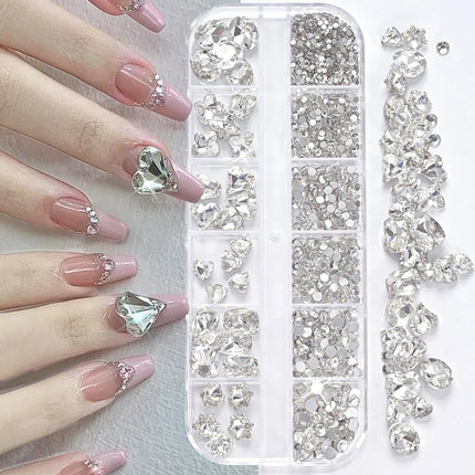12 Grids 3D Pink Valentine's Diamond for Nails Art Bling Love Heart Oval Square Glass Rhinestones DIY Manicure Decorations