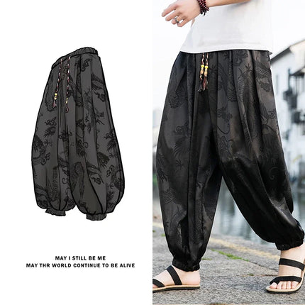 Vendite calde Pantaloni Da Uomo 2024 Nuovo Drago di Seta del Ghiaccio Fiore Scuro Bloomers Moda Allentata Gamba Larga Casual di Alta Qualità Pantaloni Maschili di Marca