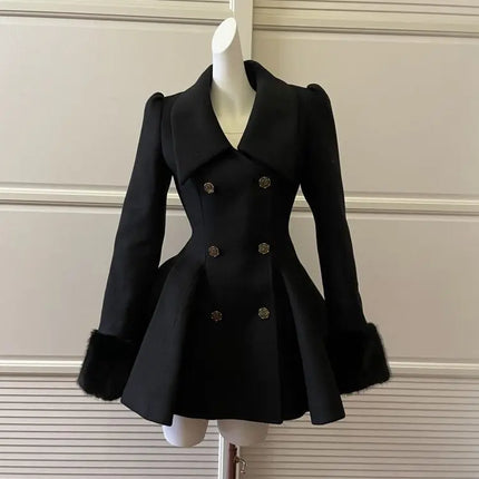 Winter Hepburn Black Fur Collar Woolen Coat French Style Vintage Blends Slim Mid-length Outwear Elegant Lolita Warm Outfits New
