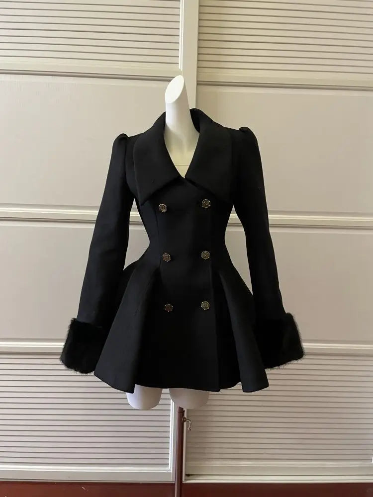Winter Hepburn Black Fur Collar Woolen Coat French Style Vintage Blends Slim Mid-length Outwear Elegant Lolita Warm Outfits New