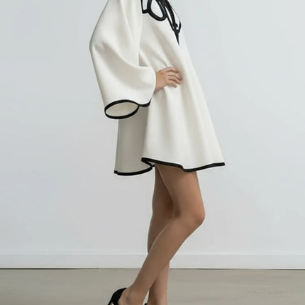 2026 New Women's Hollowed V-neck Mini Dress Flared Sleeves Pleated Dress Spring Elegant Contrast Trim Chic Party Dress