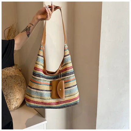 Hand-Woven Large Capacity Tote Bag for Women, Fashionable Commuter Bag, INS Style, Beach Bag for Daily Travel