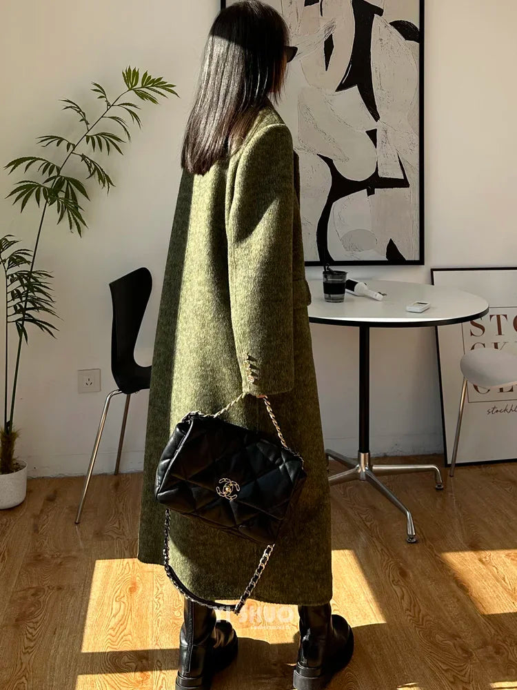 High-end Thick Double-sided Wool Coat Female Fashion Long  Autumn Winter Lapel Double Breasted Wool Coat Women Loose Outerwear