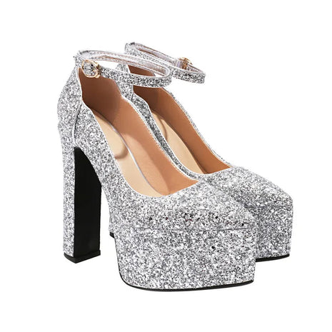 Ochanmeb Bling Bling Silver Gold Glitter Shoes Woman Ultra High Heels Platform Buckle Sequin Red Pumps Ladies Party Prom Wedding PlatiNum