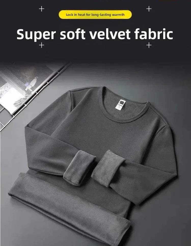 Men's Long Sleeve T-shirt Fleece Lined Thickened Non-flammable Velvet Warm Round Neck Base Shirt Casual Breathable Winter Tshirt PlatiNum