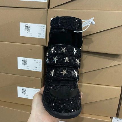 Women Rhinestone High Top Sneakers Hidden Wedge Heel Shoes Star Decor Hook & Loop Fashion Platform Ankle Boots