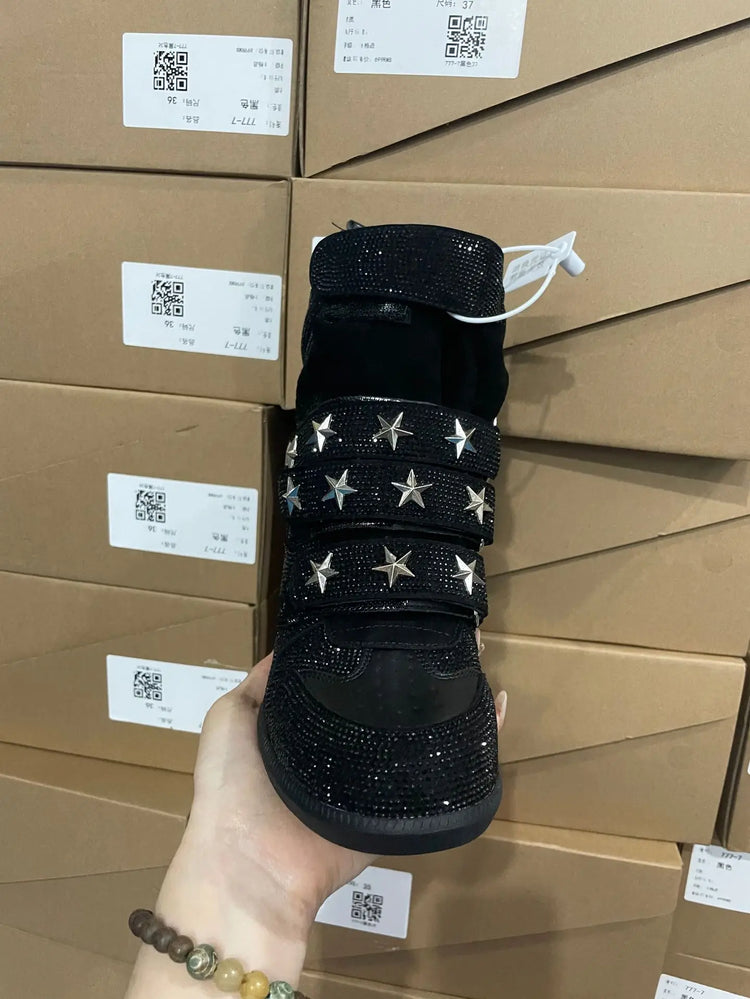 Women Rhinestone High Top Sneakers Hidden Wedge Heel Shoes Star Decor Hook & Loop Fashion Platform Ankle Boots